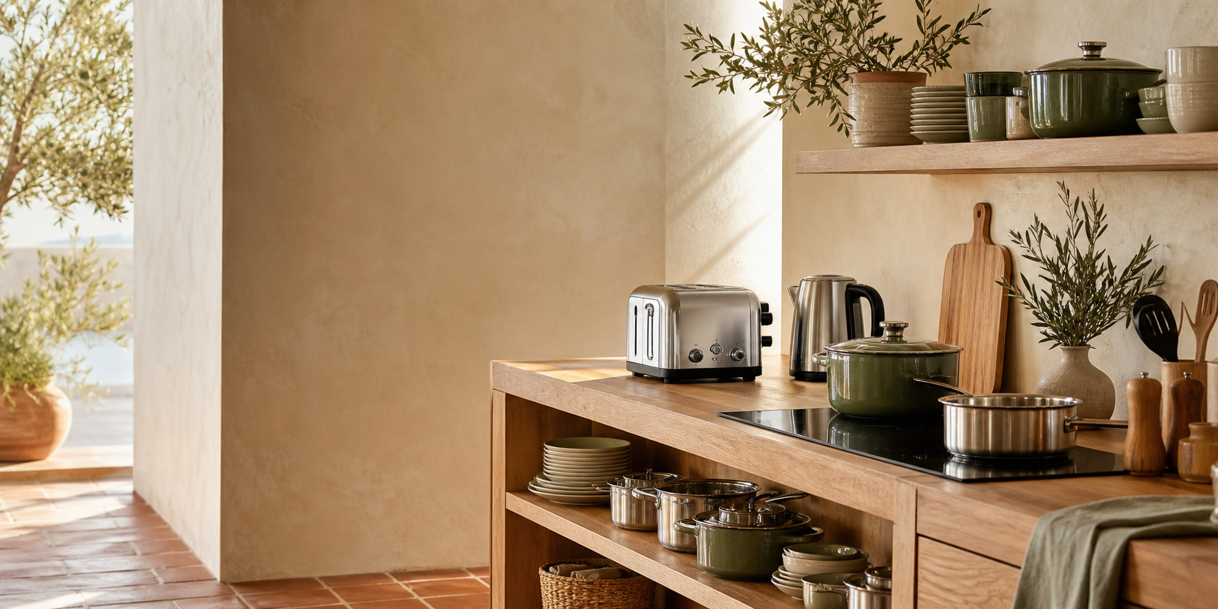 Cocina mediterránea con menaje y pequeños electrodomésticos